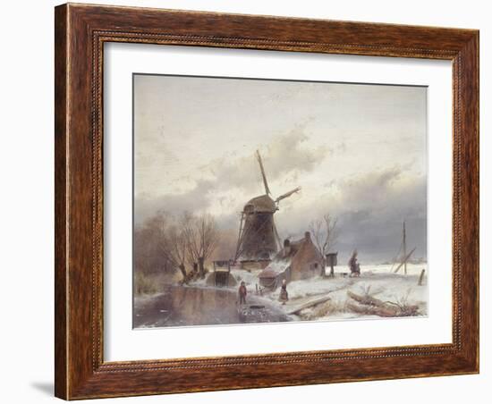 A Frozen River Landscape with a Windmill-Andreas Schelfhout-Framed Giclee Print