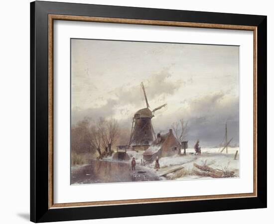 A Frozen River Landscape with a Windmill-Andreas Schelfhout-Framed Giclee Print