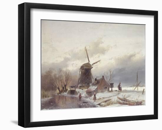 A Frozen River Landscape with a Windmill-Andreas Schelfhout-Framed Giclee Print