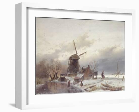 A Frozen River Landscape with a Windmill-Andreas Schelfhout-Framed Giclee Print