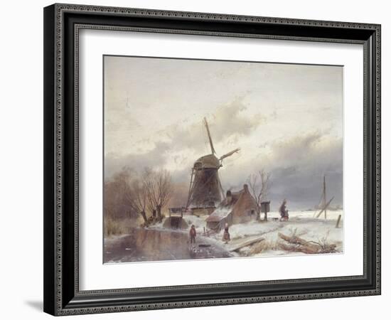 A Frozen River Landscape with a Windmill-Andreas Schelfhout-Framed Giclee Print