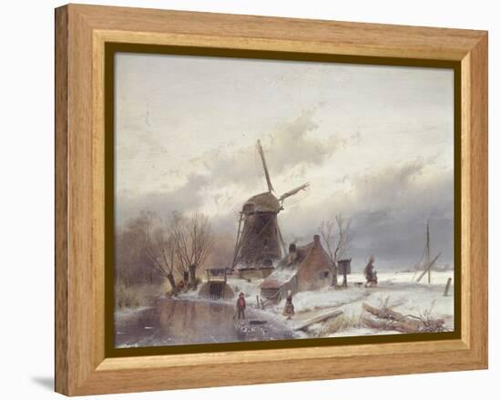 A Frozen River Landscape with a Windmill-Andreas Schelfhout-Framed Premier Image Canvas