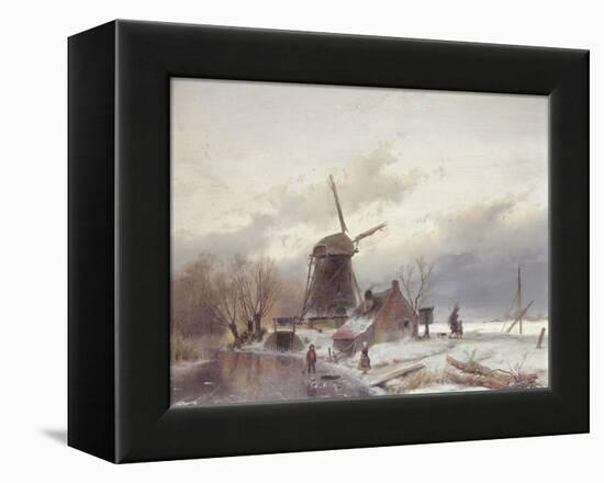 A Frozen River Landscape with a Windmill-Andreas Schelfhout-Framed Premier Image Canvas