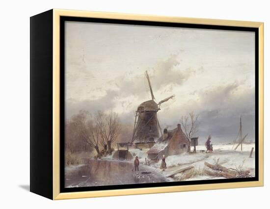 A Frozen River Landscape with a Windmill-Andreas Schelfhout-Framed Premier Image Canvas