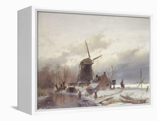 A Frozen River Landscape with a Windmill-Andreas Schelfhout-Framed Premier Image Canvas