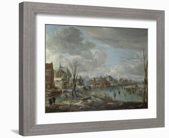 A Frozen River Near a Village, with Golfers and Skaters, C. 1647-1648-Aert van der Neer-Framed Giclee Print