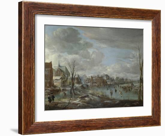 A Frozen River Near a Village, with Golfers and Skaters, C. 1647-1648-Aert van der Neer-Framed Giclee Print