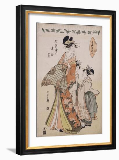 A Full Length Portrait of the Courtesan Somenosuke Accompanied by Two Kamuro-Chokosai Eisho-Framed Giclee Print