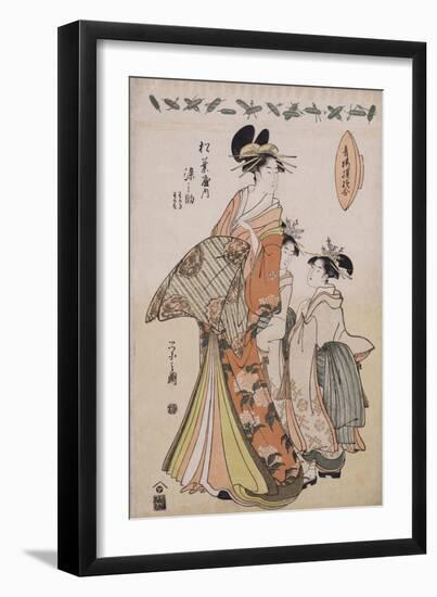 A Full Length Portrait of the Courtesan Somenosuke Accompanied by Two Kamuro-Chokosai Eisho-Framed Giclee Print