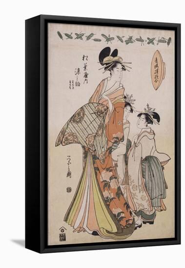 A Full Length Portrait of the Courtesan Somenosuke Accompanied by Two Kamuro-Chokosai Eisho-Framed Premier Image Canvas
