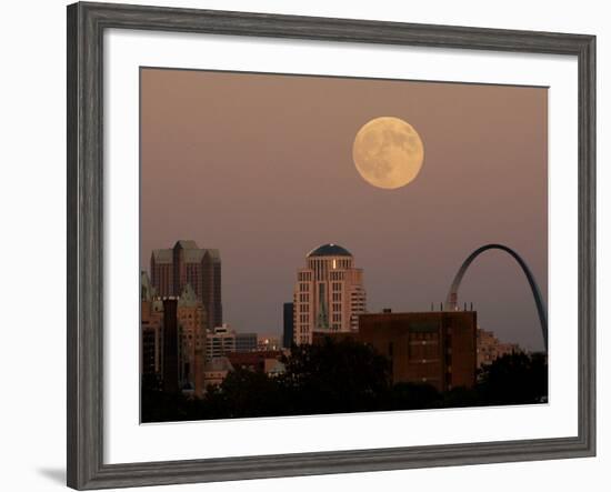 A Full Moon Rises Behind Downtown Saint Louis Buildings and the Gateway Arch Friday-Charlie Riedel-Framed Photographic Print