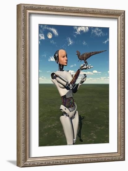 A Futuristic Android Holding a Baby Tyrannosaurus Rex in its Hands-null-Framed Art Print