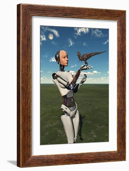 A Futuristic Android Holding a Baby Tyrannosaurus Rex in its Hands-null-Framed Art Print