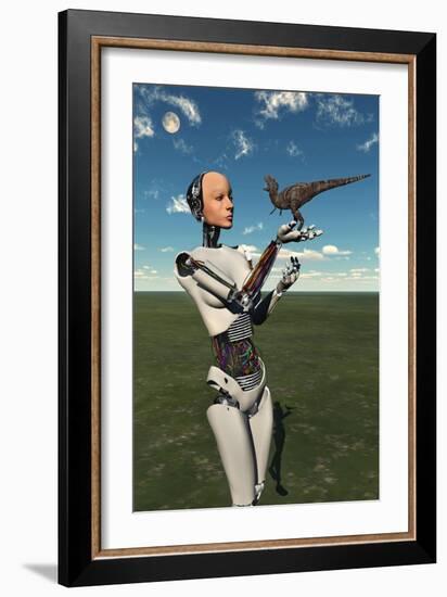 A Futuristic Android Holding a Baby Tyrannosaurus Rex in its Hands-null-Framed Art Print