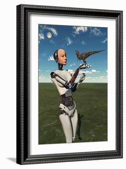 A Futuristic Android Holding a Baby Tyrannosaurus Rex in its Hands-null-Framed Art Print