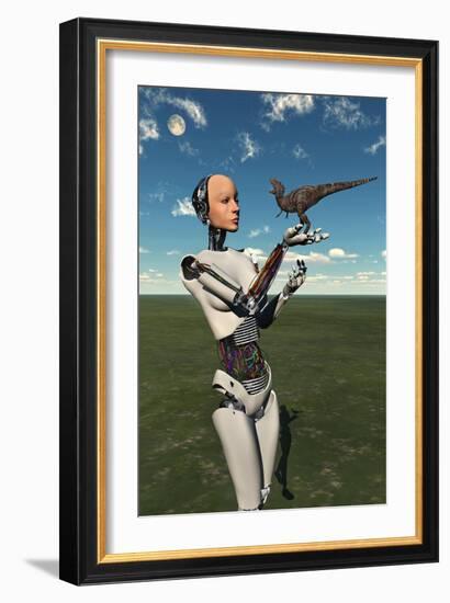 A Futuristic Android Holding a Baby Tyrannosaurus Rex in its Hands-null-Framed Premium Giclee Print