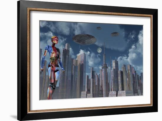 A Futuristic City Where Robots and Flying Saucers are Common Place-Stocktrek Images-Framed Art Print