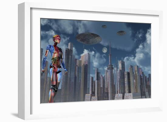 A Futuristic City Where Robots and Flying Saucers are Common Place-Stocktrek Images-Framed Art Print