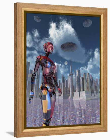 A Futuristic City Where Robots and Flying Saucers are Common Place-Stocktrek Images-Framed Stretched Canvas