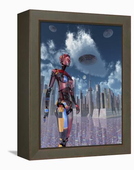 A Futuristic City Where Robots and Flying Saucers are Common Place-Stocktrek Images-Framed Stretched Canvas