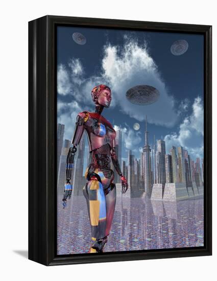A Futuristic City Where Robots and Flying Saucers are Common Place-Stocktrek Images-Framed Stretched Canvas