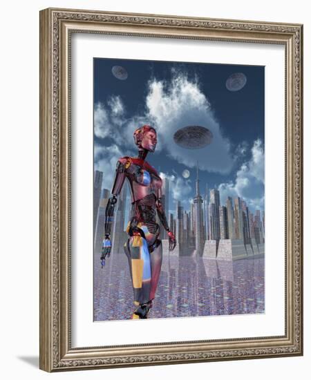 A Futuristic City Where Robots and Flying Saucers are Common Place-Stocktrek Images-Framed Art Print