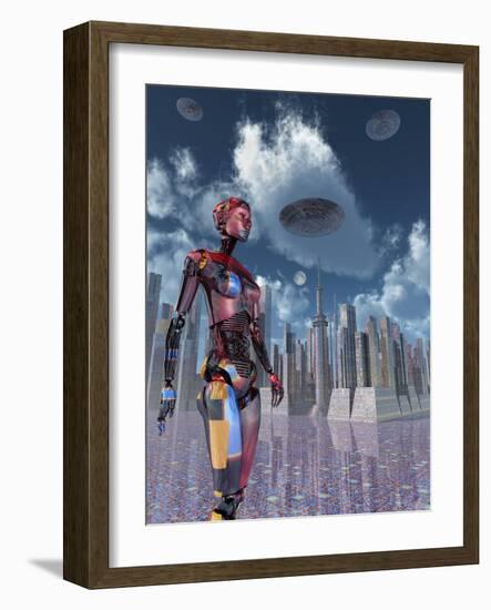 A Futuristic City Where Robots and Flying Saucers are Common Place-Stocktrek Images-Framed Art Print