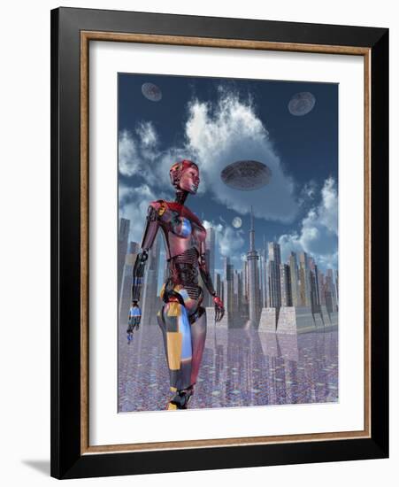 A Futuristic City Where Robots and Flying Saucers are Common Place-Stocktrek Images-Framed Art Print