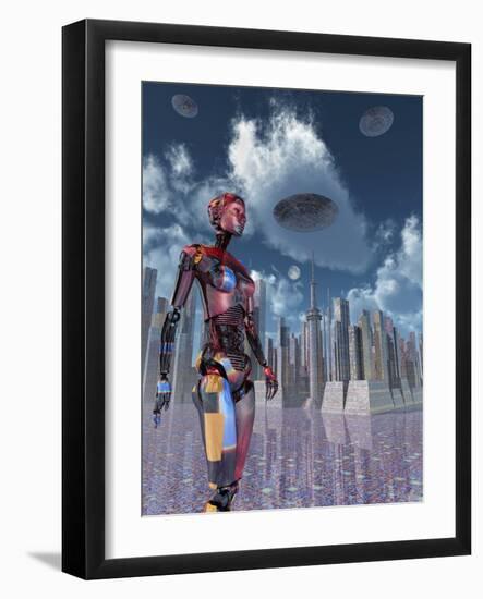 A Futuristic City Where Robots and Flying Saucers are Common Place-Stocktrek Images-Framed Art Print