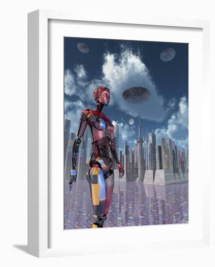 A Futuristic City Where Robots and Flying Saucers are Common Place-Stocktrek Images-Framed Art Print