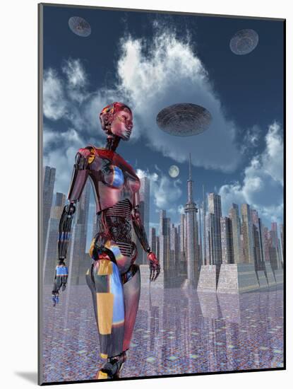 A Futuristic City Where Robots and Flying Saucers are Common Place-Stocktrek Images-Mounted Art Print