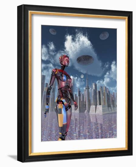 A Futuristic City Where Robots and Flying Saucers are Common Place-Stocktrek Images-Framed Art Print