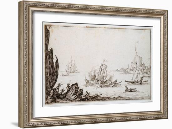 A Galley Rammed Amidships by a Man-O'-War under Sail Within Sight of Harbour, C.1617-Jacques Callot-Framed Giclee Print