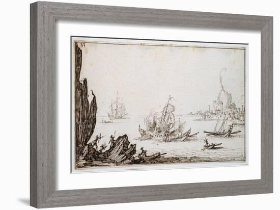 A Galley Rammed Amidships by a Man-O'-War under Sail Within Sight of Harbour, C.1617-Jacques Callot-Framed Giclee Print