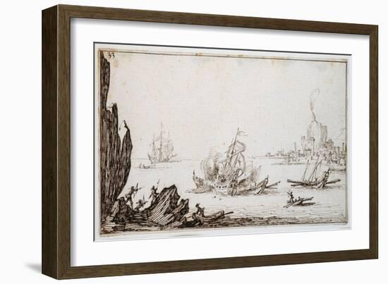 A Galley Rammed Amidships by a Man-O'-War under Sail Within Sight of Harbour, C.1617-Jacques Callot-Framed Giclee Print