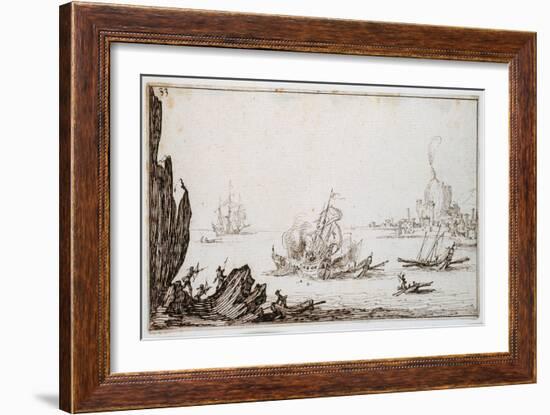 A Galley Rammed Amidships by a Man-O'-War under Sail Within Sight of Harbour, C.1617-Jacques Callot-Framed Giclee Print