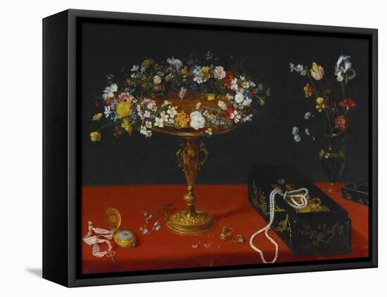 A Garland of Flowers in a Tazza, Jewels and Coins in a Japanese Black and Gold Lacquer Fumibako,…-Jan Brueghel the Younger-Framed Premier Image Canvas