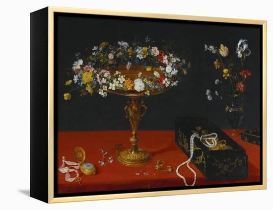 A Garland of Flowers in a Tazza, Jewels and Coins in a Japanese Black and Gold Lacquer Fumibako,…-Jan Brueghel the Younger-Framed Premier Image Canvas