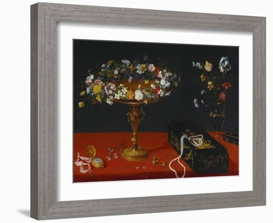 A Garland of Flowers in a Tazza, Jewels and Coins in a Japanese Black and Gold Lacquer Fumibako,…-Jan Brueghel the Younger-Framed Giclee Print