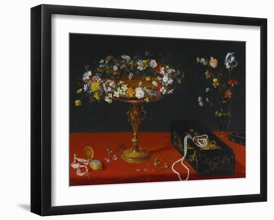 A Garland of Flowers in a Tazza, Jewels and Coins in a Japanese Black and Gold Lacquer Fumibako,…-Jan Brueghel the Younger-Framed Giclee Print