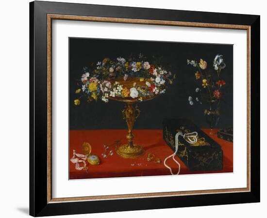 A Garland of Flowers in a Tazza, Jewels and Coins in a Japanese Black and Gold Lacquer Fumibako,…-Jan Brueghel the Younger-Framed Giclee Print