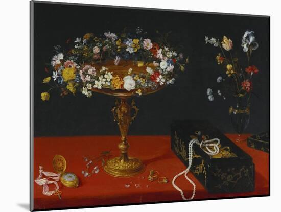A Garland of Flowers in a Tazza, Jewels and Coins in a Japanese Black and Gold Lacquer Fumibako,…-Jan Brueghel the Younger-Mounted Giclee Print