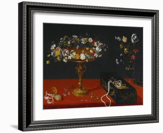 A Garland of Flowers in a Tazza, Jewels and Coins in a Japanese Black and Gold Lacquer Fumibako,…-Jan Brueghel the Younger-Framed Giclee Print