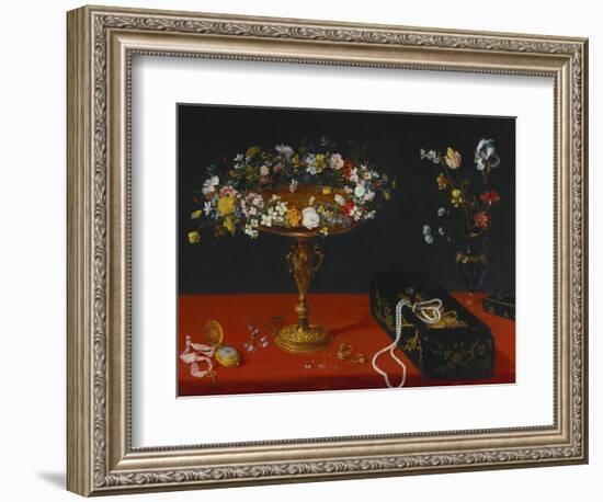 A Garland of Flowers in a Tazza, Jewels and Coins in a Japanese Black and Gold Lacquer Fumibako,…-Jan Brueghel the Younger-Framed Giclee Print