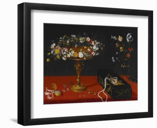 A Garland of Flowers in a Tazza, Jewels and Coins in a Japanese Black and Gold Lacquer Fumibako,…-Jan Brueghel the Younger-Framed Giclee Print