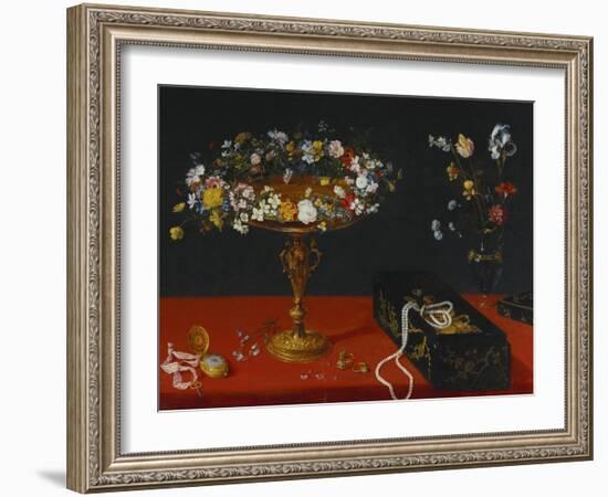 A Garland of Flowers in a Tazza, Jewels and Coins in a Japanese Black and Gold Lacquer Fumibako,…-Jan Brueghel the Younger-Framed Giclee Print