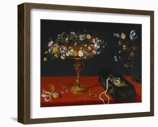 A Garland of Flowers in a Tazza, Jewels and Coins in a Japanese Black and Gold Lacquer Fumibako,…-Jan Brueghel the Younger-Framed Giclee Print