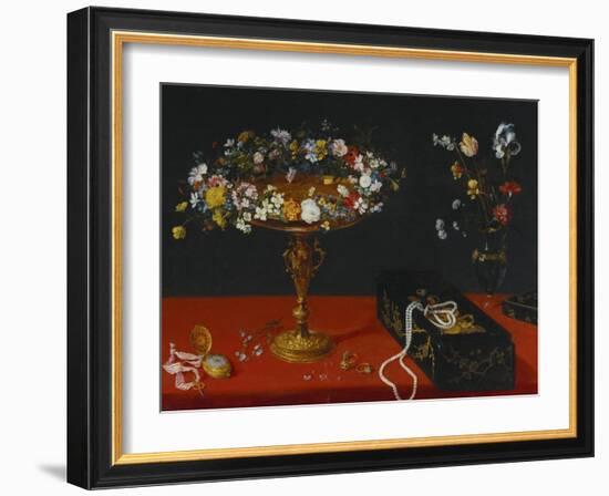 A Garland of Flowers in a Tazza, Jewels and Coins in a Japanese Black and Gold Lacquer Fumibako,…-Jan Brueghel the Younger-Framed Giclee Print