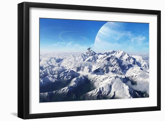 A Gas Giant Rises in the Distance over a Massive Slumbering Volcano-null-Framed Art Print