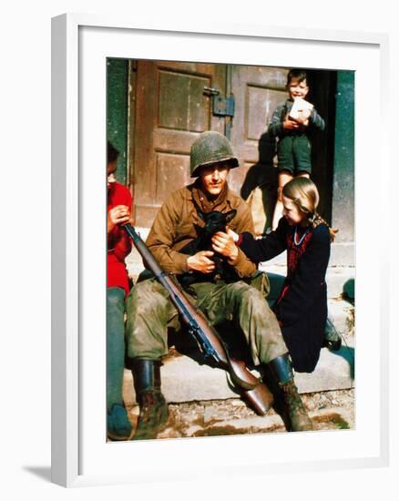 A Gi of the 9th U.S. Infantry Division Sitting in Front of a Door During the Battle of Aachen-null-Framed Photographic Print